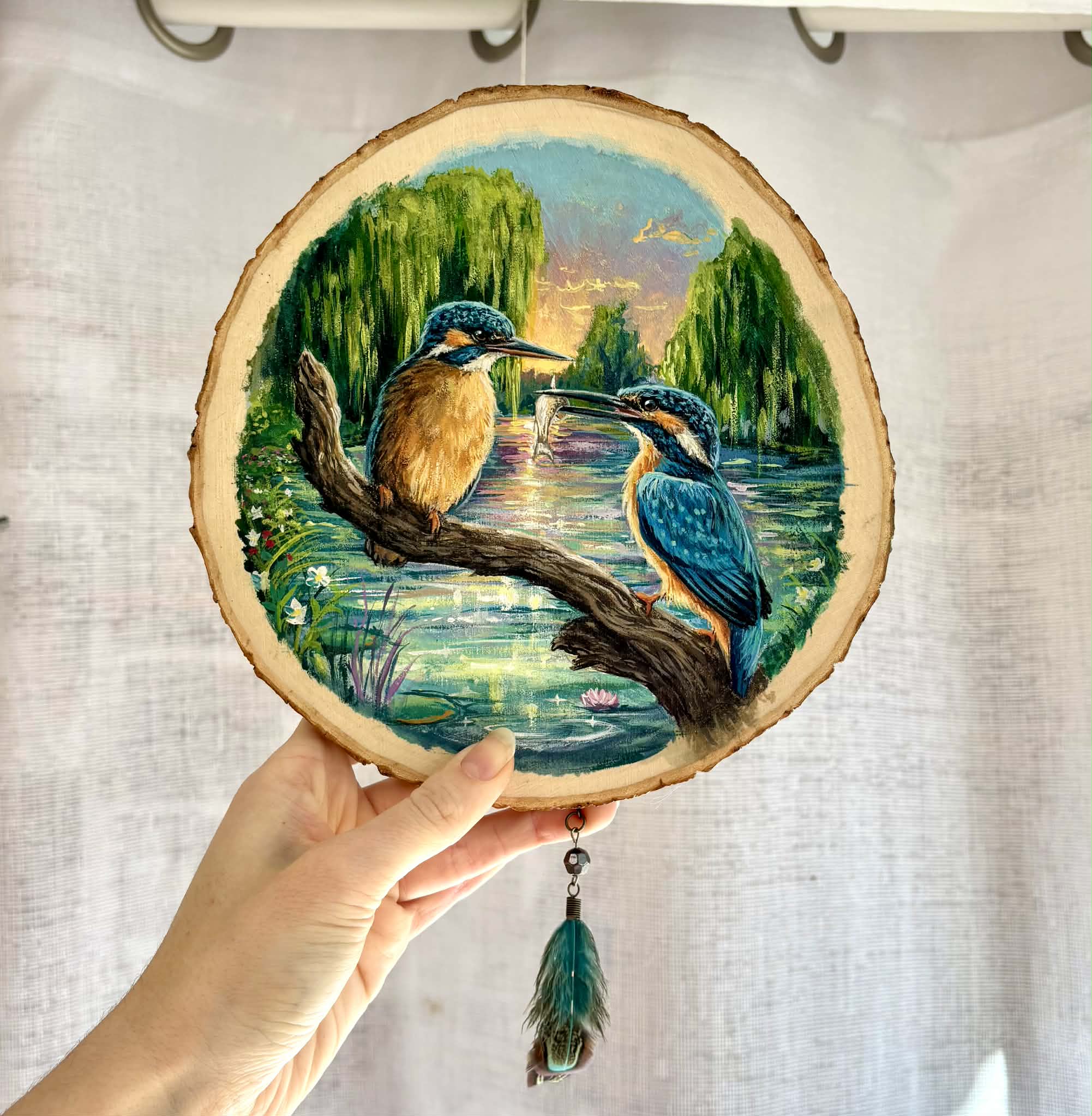 " Offrande " - peinture rondin de bois 20 cm