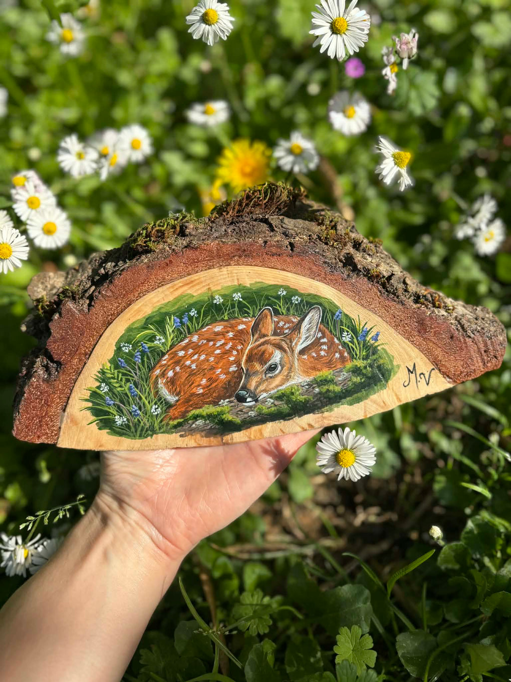 "Doux repos " - peinture sur morceau de bois (angle) 13 cm