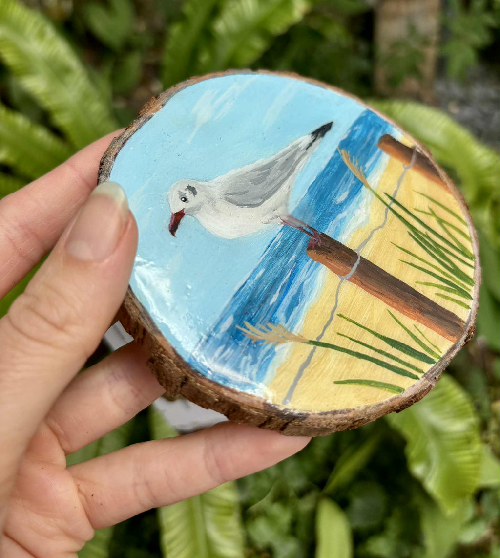 "Mouette " - peinture rondin de bois 8 cm