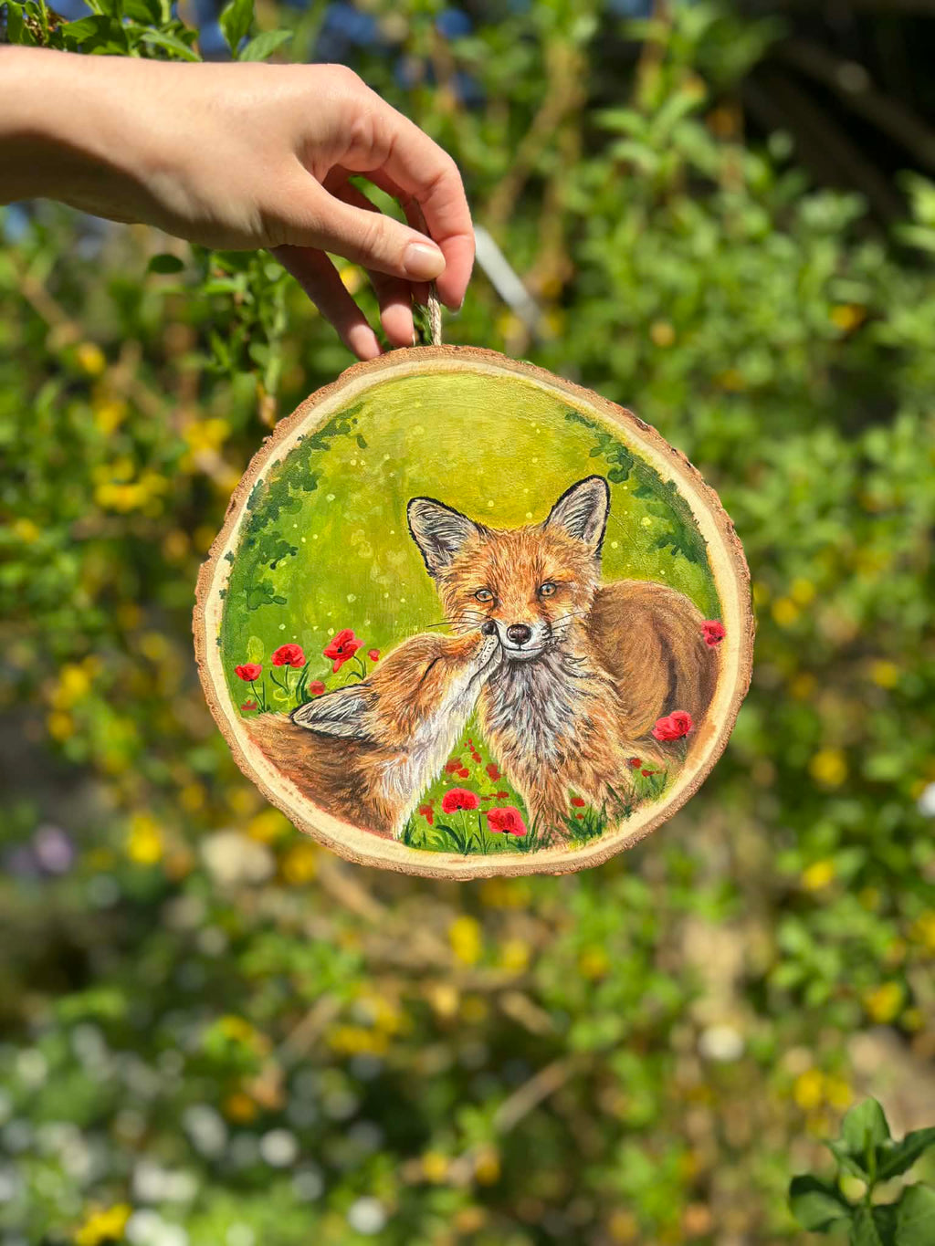 " Complicité " - peinture sur rondin de bois 20 cm