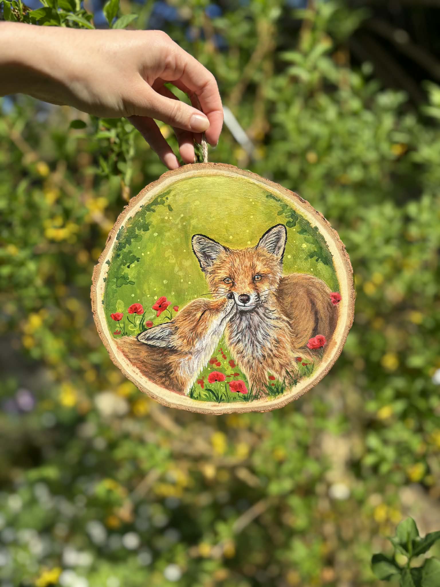 " Complicité " - peinture sur rondin de bois 20 cm