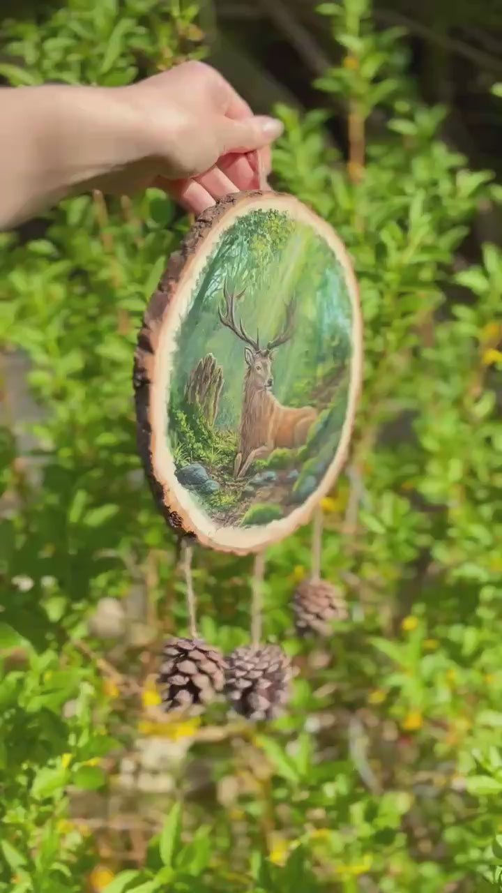 " Sous la canopée " - peinture sur rondin de bois 20 cm