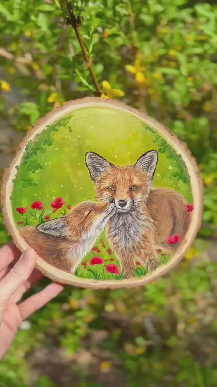 " Complicité " - peinture sur rondin de bois 20 cm