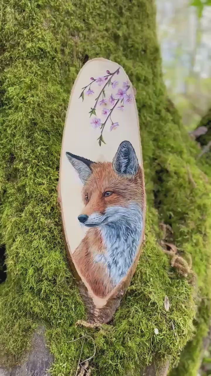 " Regard vulpin " - peinture sur bois ovale 35 cm